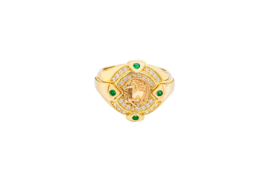 14KT Gold Ring Men's Round Two Tone Half Horse Portrait with Horseshoe Center with White CZ Border and CZ Green Stone on North, South, West, and East Border of the Ring