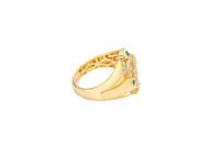 14KT Gold Ring Men's Round Two Tone Full Horse Center with White CZ Background and Border and CZ Green Stones on North, South, West, and East Border
