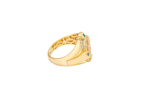 14KT Gold Ring Men's Round Two Tone Full Horse Center with White CZ Background and Border and CZ Green Stones on North, South, West, and East Border