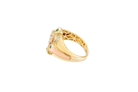 14KT Gold Ring Men's Round Two Tone Full Horse Center with White CZ Background and Border and CZ Green Stones on North, South, West, and East Border