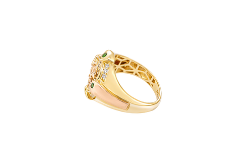 14KT Gold Ring Men's Round Two Tone Full Horse Center with White CZ Background and Border and CZ Green Stones on North, South, West, and East Border