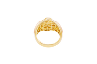 14KT Gold Ring Men's Round Two Tone Full Horse Center with White CZ Background and Border and CZ Green Stones on North, South, West, and East Border