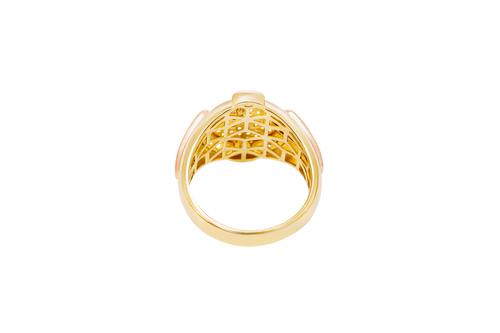 14KT Gold Ring Men's Round Two Tone Full Horse Center with White CZ Background and Border and CZ Green Stones on North, South, West, and East Border