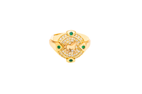 14KT Gold Ring Men's Round Two Tone Full Horse Center with White CZ Background and Border and CZ Green Stones on North, South, West, and East Border