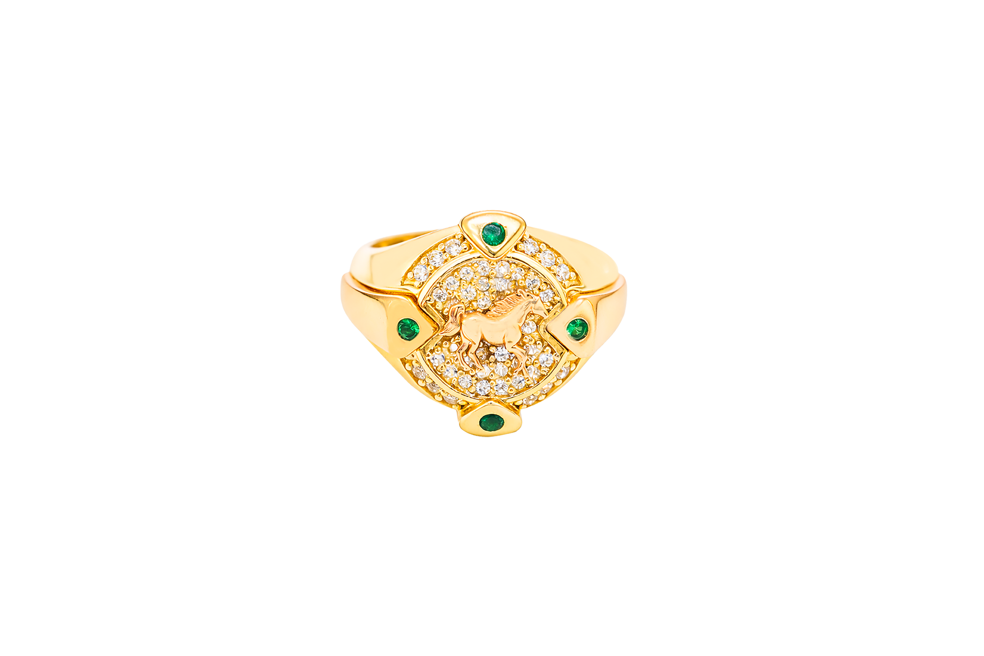 14KT Gold Ring Men's Round Two Tone Full Horse Center with White CZ Background and Border and CZ Green Stones on North, South, West, and East Border