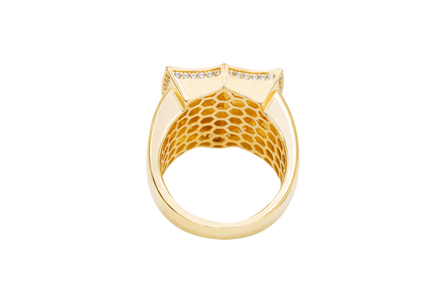 14KT Gold Ring Men's Shield Shape Jesus Portrait with White CZ Stones Border and Plain Border