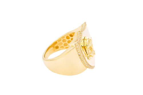 14KT Gold Ring Men's Shield Shape Jesus Portrait with White CZ Stones Border and Plain Border