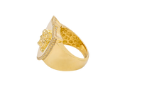 14KT Gold Ring Men's Shield Shape Jesus Portrait with White CZ Stones Border and Plain Border