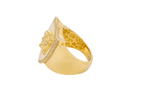 14KT Gold Ring Men's Shield Shape Jesus Portrait with White CZ Stones Border and Plain Border