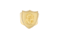 14KT Gold Ring Men's Shield Shape Jesus Portrait with White CZ Stones Border and Plain Border