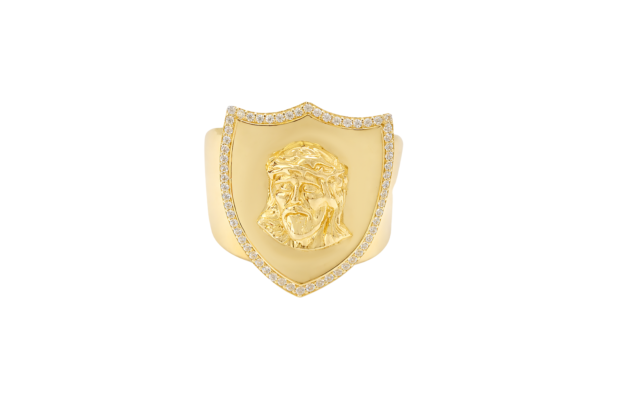 14KT Gold Ring Men's Shield Shape Jesus Portrait with White CZ Stones Border and Plain Border
