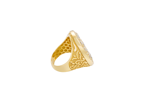 14KT Gold Ring Men's Jumbo Rosetta with White CZ Stones and Floral Print Band Design