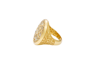 14KT Gold Ring Men's Jumbo Rosetta with White CZ Stones and Floral Print Band Design