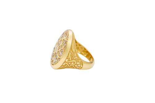 14KT Gold Ring Men's Jumbo Rosetta with White CZ Stones and Floral Print Band Design