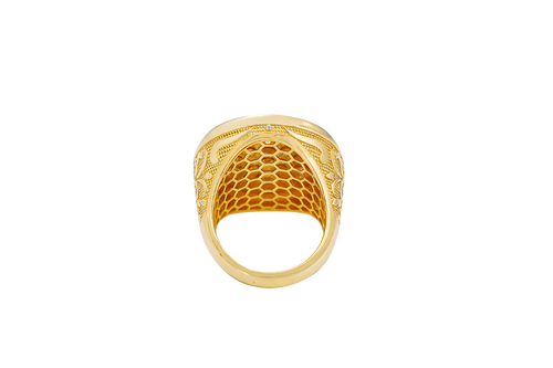 14KT Gold Ring Men's Jumbo Rosetta with White CZ Stones and Floral Print Band Design