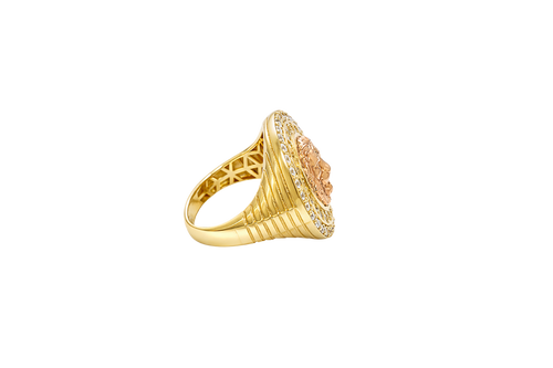 14KT Gold Ring Men's Two Tone Raised Lion Head Portrait Round with Sunray Background with Double Row White CZ Stone Border Band Design Ridged Stripes