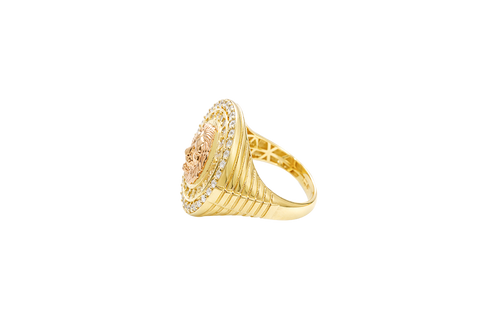14KT Gold Ring Men's Two Tone Raised Lion Head Portrait Round with Sunray Background with Double Row White CZ Stone Border Band Design Ridged Stripes