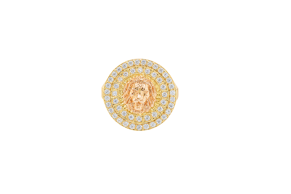 14KT Gold Ring Men's Two Tone Raised Lion Head Portrait Round with Sunray Background with Double Row White CZ Stone Border Band Design Ridged Stripes