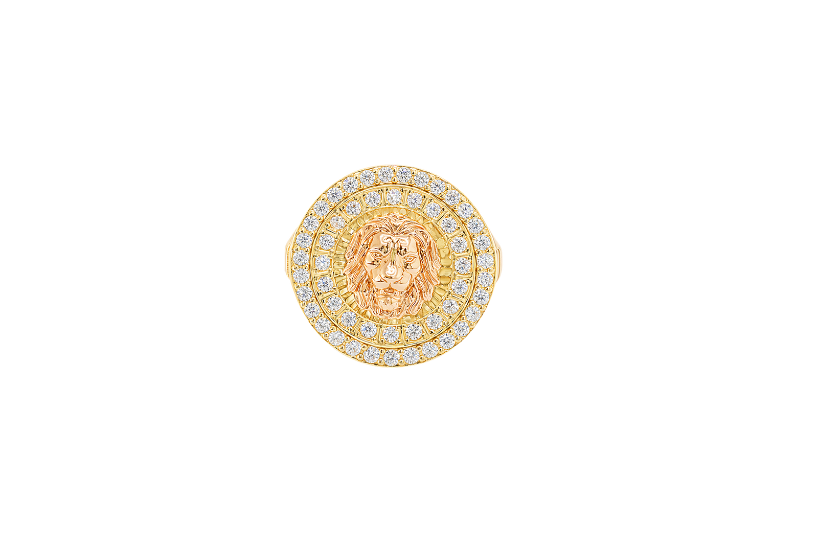 14KT Gold Ring Men's Two Tone Raised Lion Head Portrait Round with Sunray Background with Double Row White CZ Stone Border Band Design Ridged Stripes