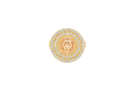 14KT Gold Ring Men's Two Tone Raised Lion Head Portrait Round with Sunray Background with Double Row White CZ Stone Border Band Design Ridged Stripes