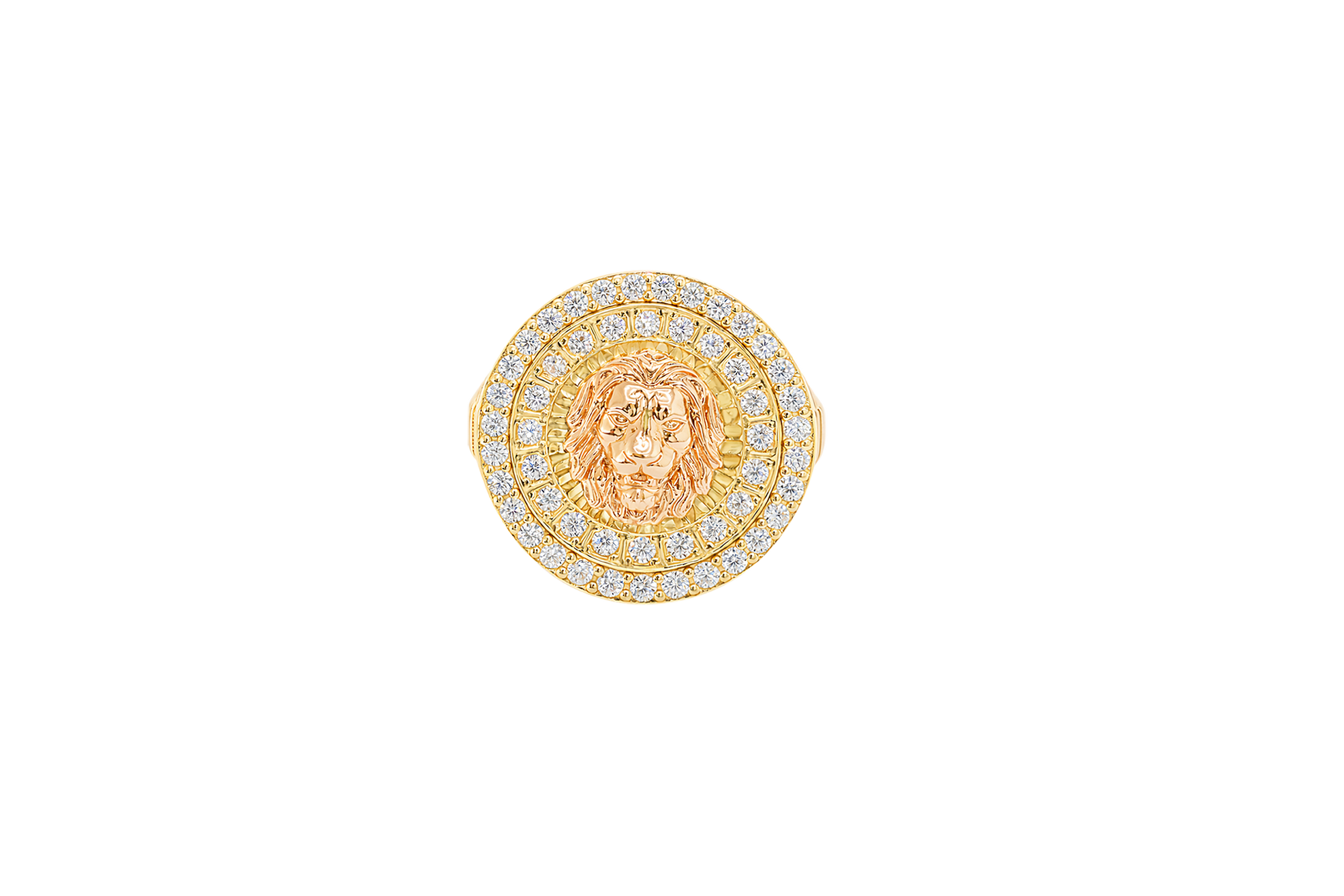 14KT Gold Ring Men's Two Tone Raised Lion Head Portrait Round with Sunray Background with Double Row White CZ Stone Border Band Design Ridged Stripes