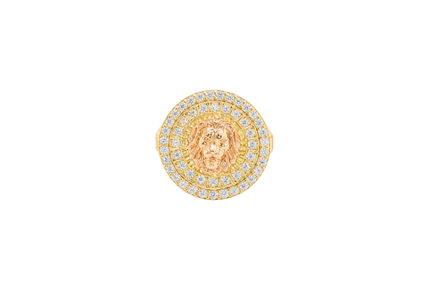 14KT Gold Ring Men's Two Tone Raised Lion Head Portrait Round with Sunray Background with Double Row White CZ Stone Border Band Design Ridged Stripes