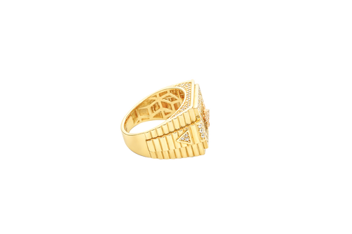 14KT Gold Ring Men's Square Two Tone Standing Lion with White CZ Stones Border and White CZ Triangle Design on Ridged Watch Band Style Sides