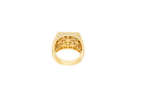 14KT Gold Ring Men's Square Two Tone Standing Lion with White CZ Stones Border and White CZ Triangle Design on Ridged Watch Band Style Sides