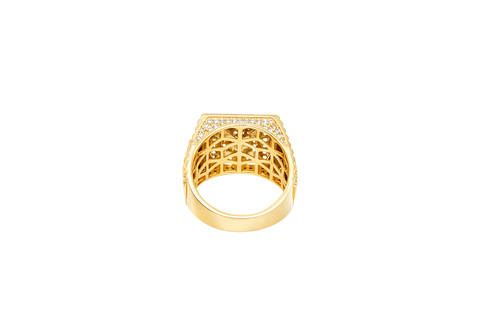14KT Gold Ring Men's Square Two Tone Standing Lion with White CZ Stones Border and White CZ Triangle Design on Ridged Watch Band Style Sides