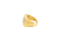 14KT Gold Ring Men's Square Two Tone Standing Lion with White CZ Stones Border and White CZ Triangle Design on Ridged Watch Band Style Sides