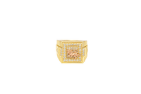 14KT Gold Ring Men's Square Two Tone Standing Lion with White CZ Stones Border and White CZ Triangle Design on Ridged Watch Band Style Sides