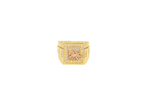 14KT Gold Ring Men's Square Two Tone Standing Lion with White CZ Stones Border and White CZ Triangle Design on Ridged Watch Band Style Sides
