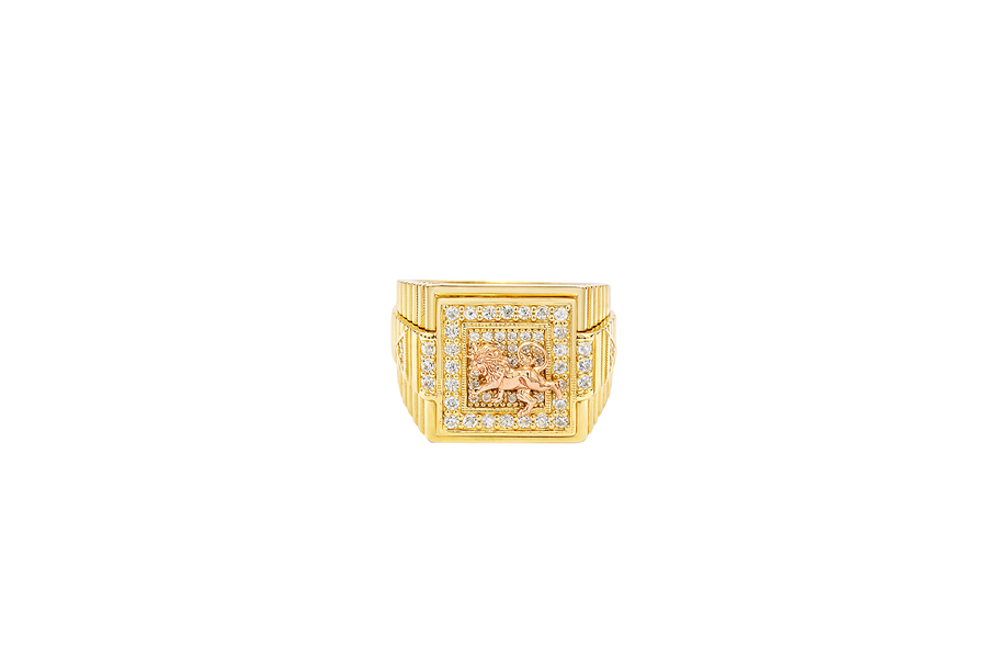 14KT Gold Ring Men's Square Two Tone Standing Lion with White CZ Stones Border and White CZ Triangle Design on Ridged Watch Band Style Sides