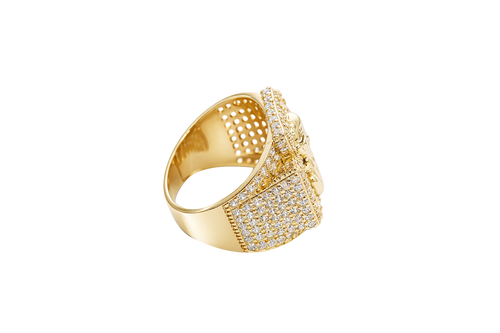14K Gold Ring Men's Malverde Maltese Cross with White CZ Stones Band Design White CZ Stones