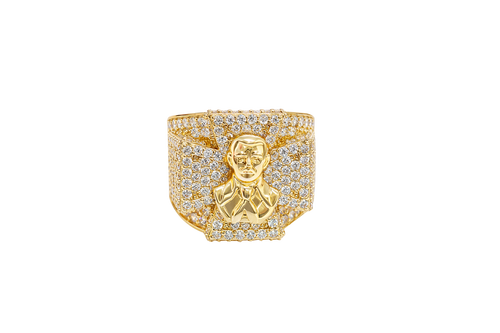 14K Gold Ring Men's Malverde Maltese Cross with White CZ Stones Band Design White CZ Stones
