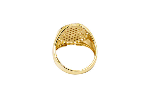 14K Gold Ring Men's Round Malverde Portrait with White CZ Stone Border and Plain Band
