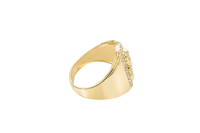 14K Gold Ring Men's Round Malverde Portrait with White CZ Stone Border and Plain Band