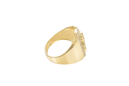 14K Gold Ring Men's Round Malverde Portrait with White CZ Stone Border and Plain Band