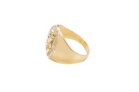 14K Gold Ring Men's Round Malverde Portrait with White CZ Stone Border and Plain Band