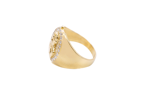14K Gold Ring Men's Round Malverde Portrait with White CZ Stone Border and Plain Band