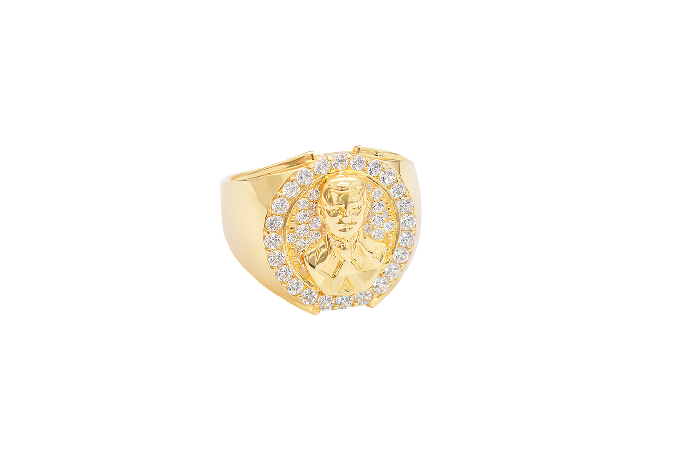 14K Gold Ring Men's Round Malverde Portrait with White CZ Stone Border and Plain Band