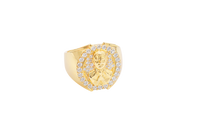 14K Gold Ring Men's Round Malverde Portrait with White CZ Stone Border and Plain Band