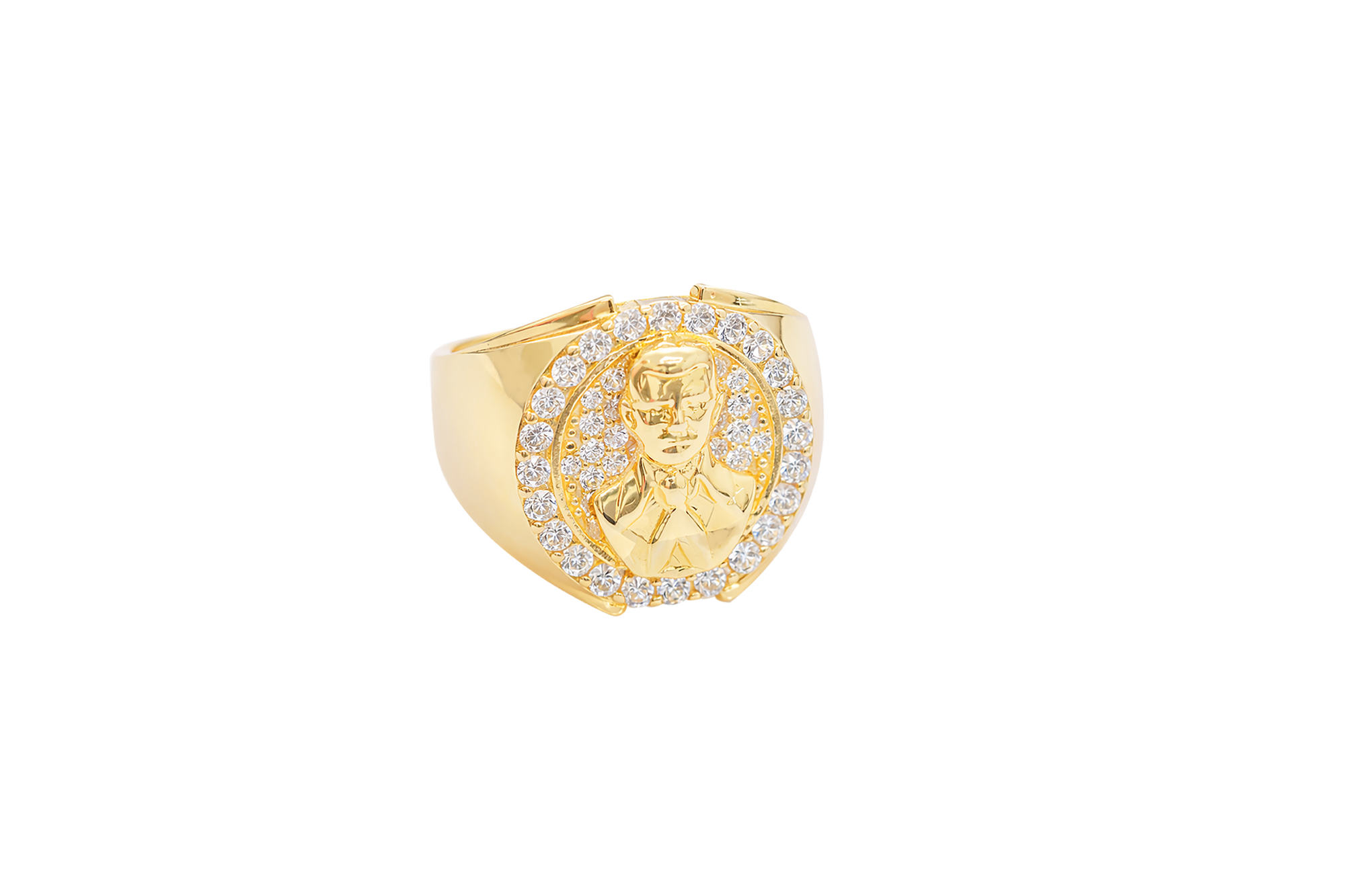 14K Gold Ring Men's Round Malverde Portrait with White CZ Stone Border and Plain Band