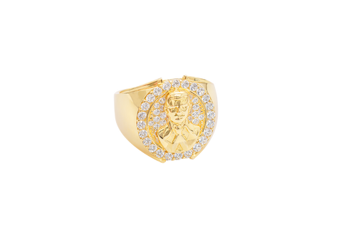 14K Gold Ring Men's Round Malverde Portrait with White CZ Stone Border and Plain Band