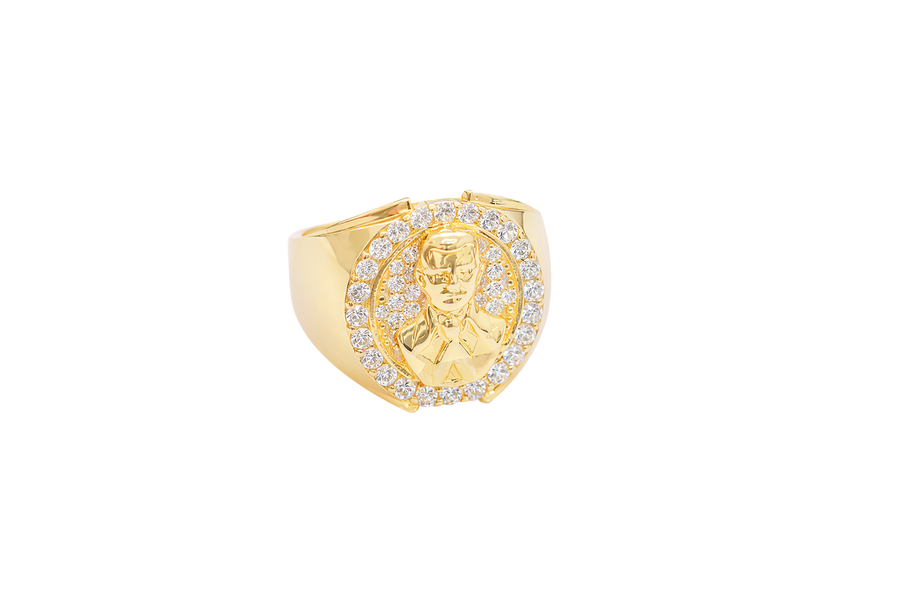 14K Gold Ring Men's Round Malverde Portrait with White CZ Stone Border and Plain Band