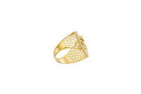 14KT Gold Ring Men's Oval Malverde White CZ Stones Border with Diamond Shape Gallery Cutouts on Side of Band