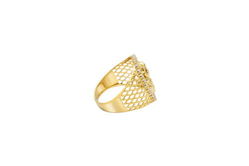 14KT Gold Ring Men's Oval Malverde White CZ Stones Border with Diamond Shape Gallery Cutouts on Side of Band