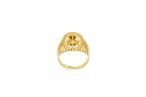 14KT Gold Ring Men's Oval Malverde White CZ Stones Border with Diamond Shape Gallery Cutouts on Side of Band