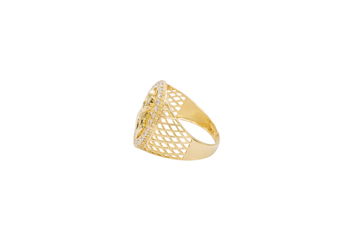 14KT Gold Ring Men's Oval Malverde White CZ Stones Border with Diamond Shape Gallery Cutouts on Side of Band