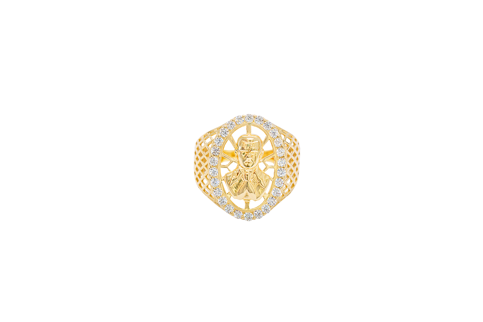 14KT Gold Ring Men's Oval Malverde White CZ Stones Border with Diamond Shape Gallery Cutouts on Side of Band